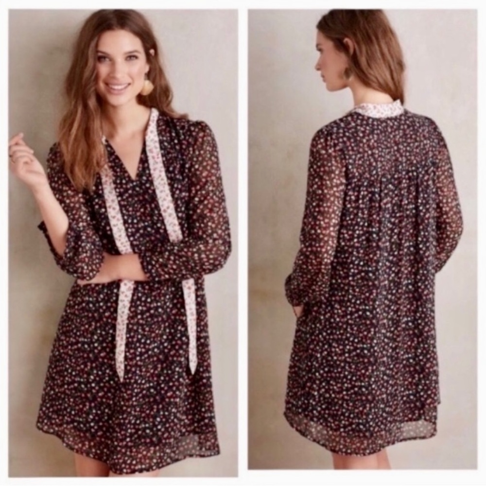 Anthropologie 11•1•Tylho Isla Chiffon Black Floral Dress